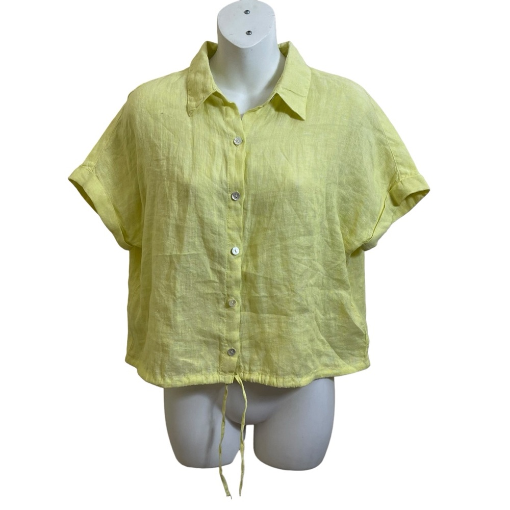 JOIE 100% Linen Women's Small  Neon Yellow  Short Sleeve Button Up Blouse NWT